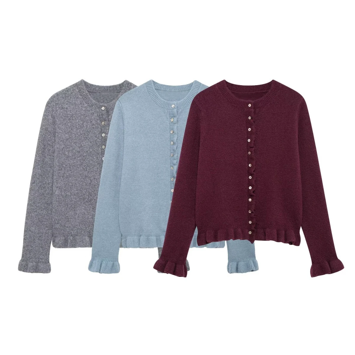 

PB&ZA Women's 2024 Autumn/Winter New Knitted Cardigan Round Neck Solid Color Ear Edge Single breasted Short Sweater Jacket