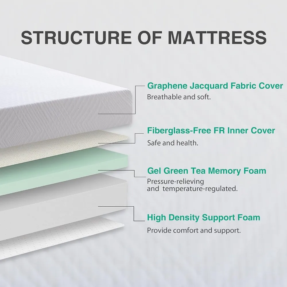 Materasso Queen materasso Queen in Memory Foam da 10 pollici per tè verde in una scatola, materasso senza fibra di vetro certificato CertiPUR-US