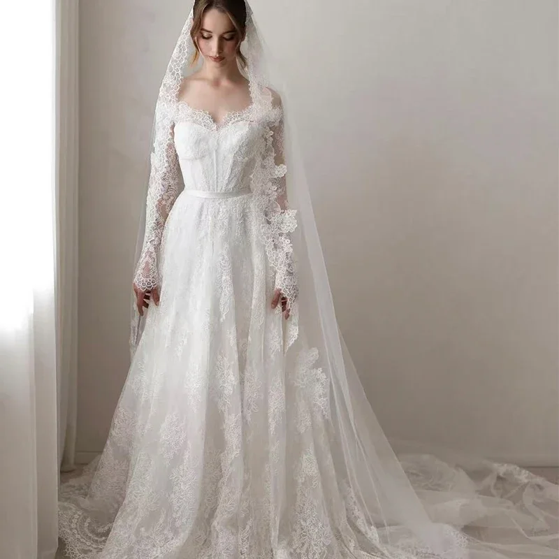 

Graceful Wedding Dress Organza With Embroidery Lace A-Line Ball Gown Full Sleeve V-Neck Customized Bride Button Vestido De Novia