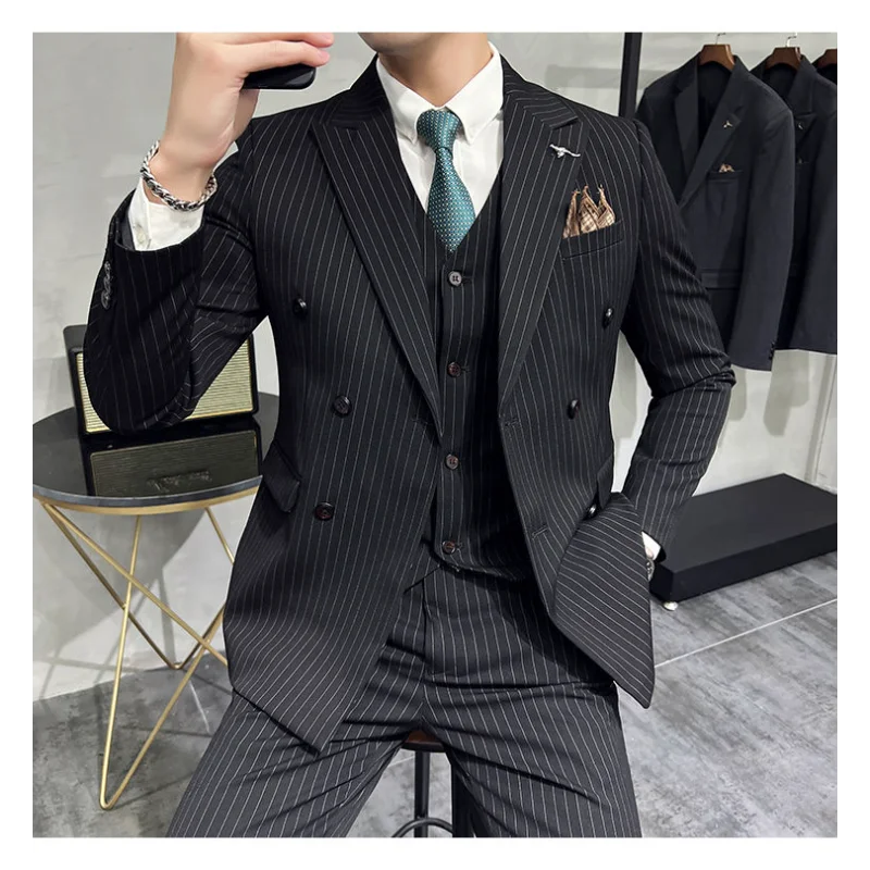 Terno listrado de fenda dupla masculino jovem fino estilo coreano terno casual na moda vestido de casamento do noivo