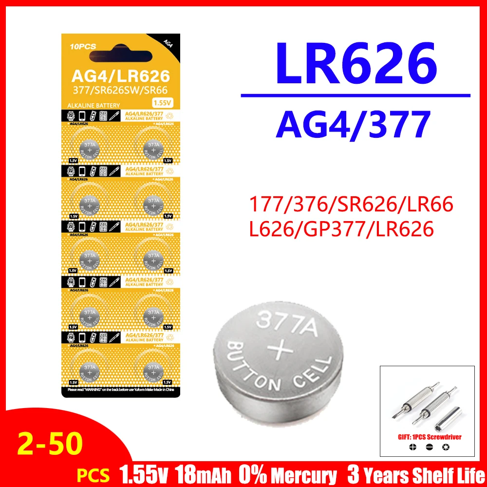 

2-50PCS Cell Coin AG4 LR626 377 Button Batteries SR626 177 Alkaline Battery 1.55V 626A 377A CX66W For Toys Remote Camera Watch