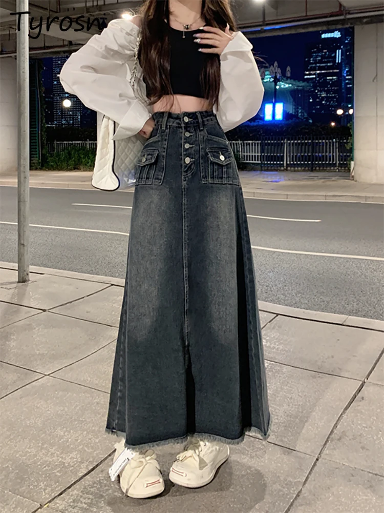 

Skirts Women Ankle-length Buttons Pockets Zippers Raw Edge High Waist A-line Elegant OL Temperament Denim Washed Retro Street