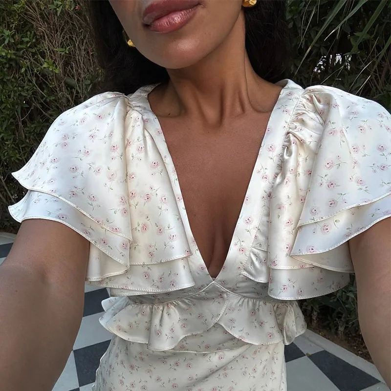 Womens Dresses 2025 Summer New Woman Clothing V Collar Ruffles Sleeve High Waist Long One-piece Dress Gown