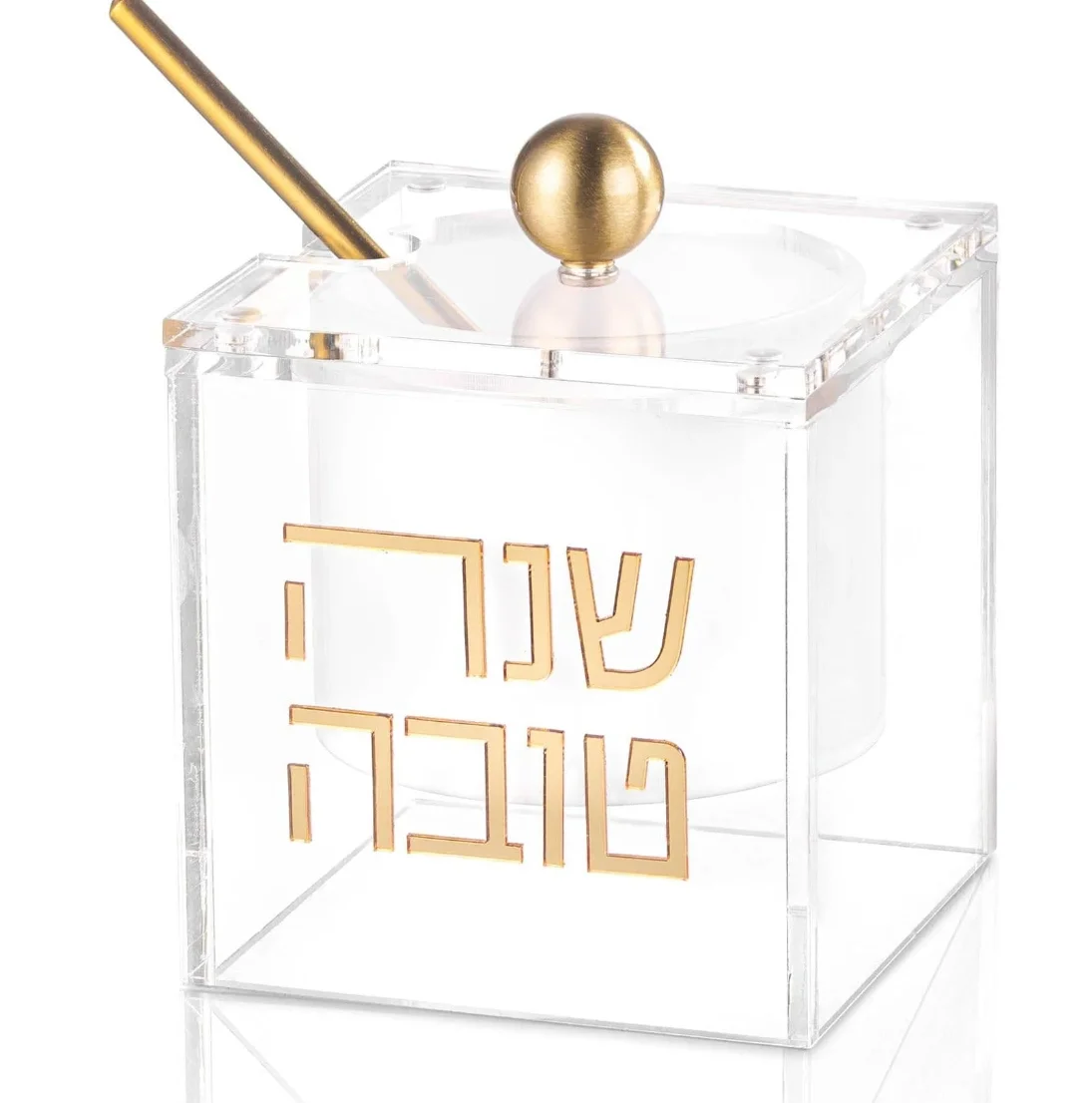 Lucite Honey Dish with Spoon Clear Acrylic Rosh Hashanah Honey Dispenser Jar Box Shana Tova Judaica Table Decor Honey Jar Gift