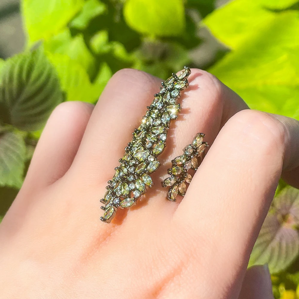 BeaQueen Shiny Aesthetic Olive Green CZ Black Gold Plated Cocktail Party Big Rings Opening Adjustable Jewelry for Women R127