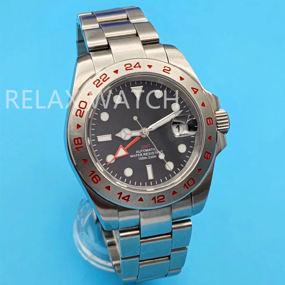 40MM 2-24 Red Font Explorer Style Dual Time Zone Display MENS WATCH NH34 GMT Automatic Movement Greenwich Mean Time