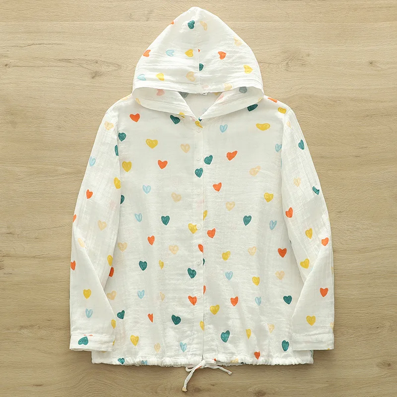 New 2025 Autumn Cotton Hooded Shirt, Women Long Sleeve Love Print, Mori Girl Sweet Japan Style Sunscreen Loose Blouse T57816CC
