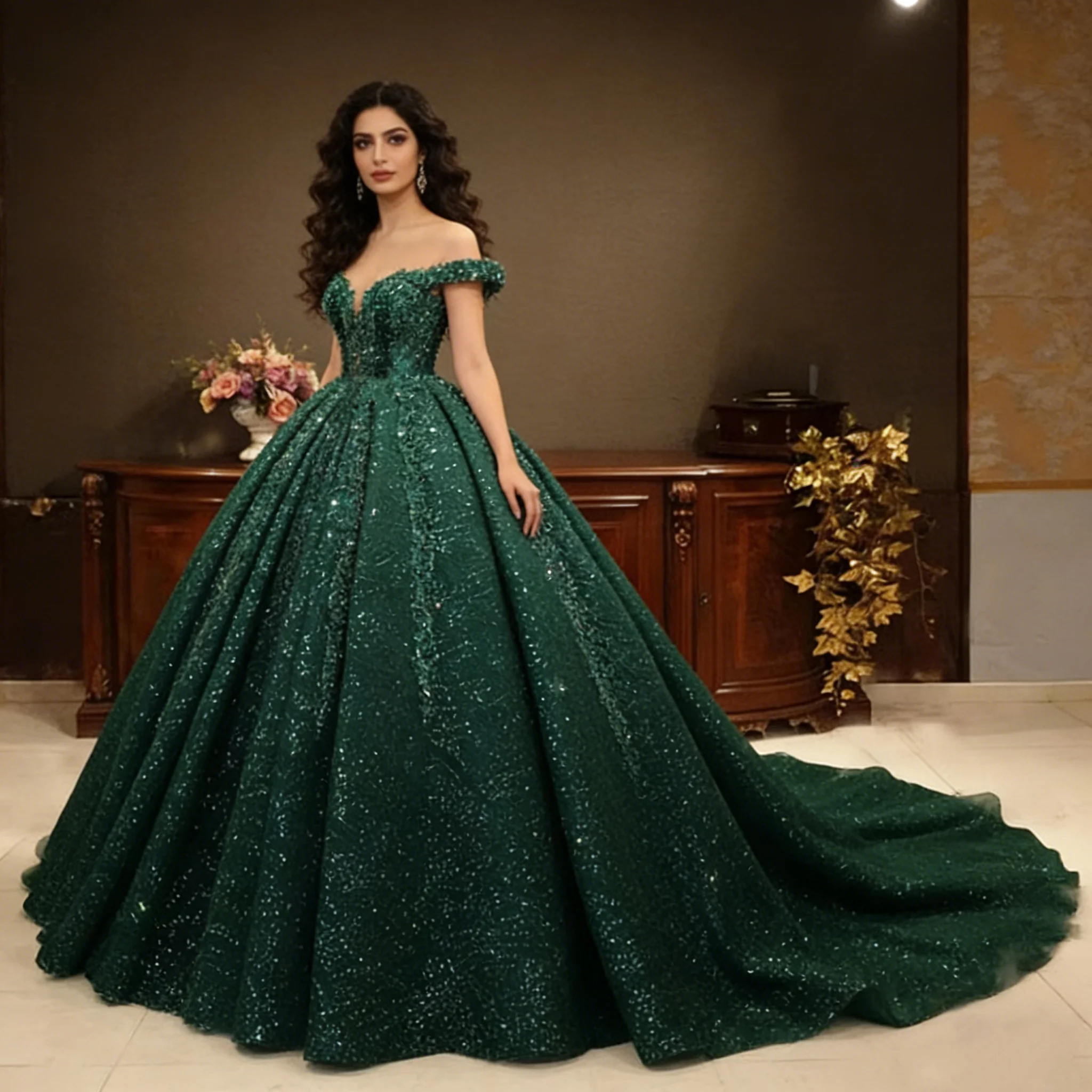 

Luxury Green Ball Gown Wedding Dress Off Shoulder Beaded V-neck Lace Applique Bridal Gown for Women Vestidos De Novia Customized