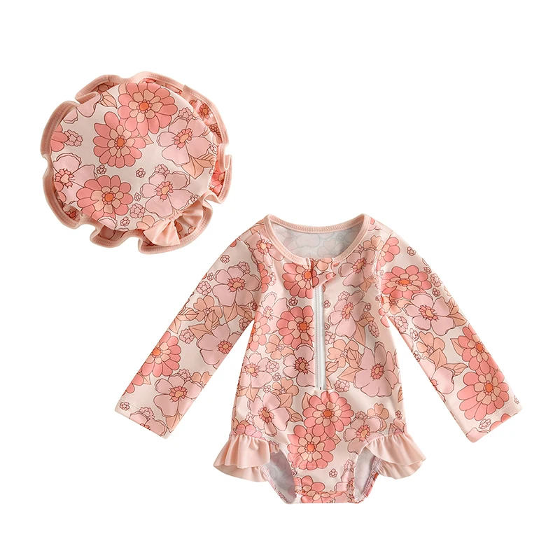 

Toddler Baby Girl Long Sleeve Summer Strawberry Print Swimsuit Fashion Flower Print Zipper Round Neck Swimwear Bathing Sun Hat