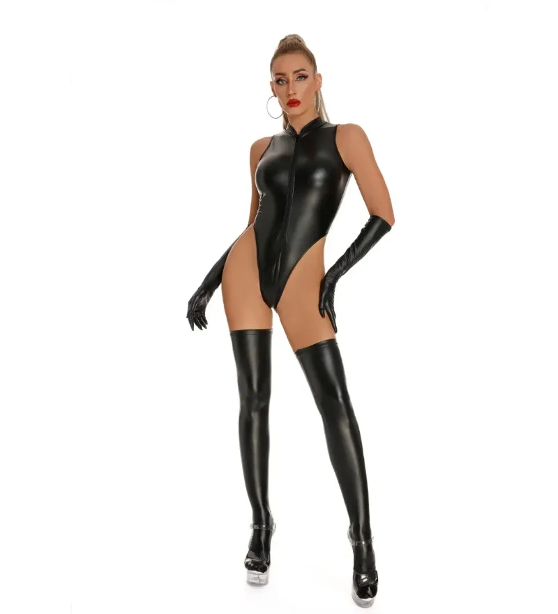 

Women PU Leather Sexy Bodysuits Sleeveless Zipper Slim Wetlook Latex Rompers with Gloves Stocking Clubwear Lingerie