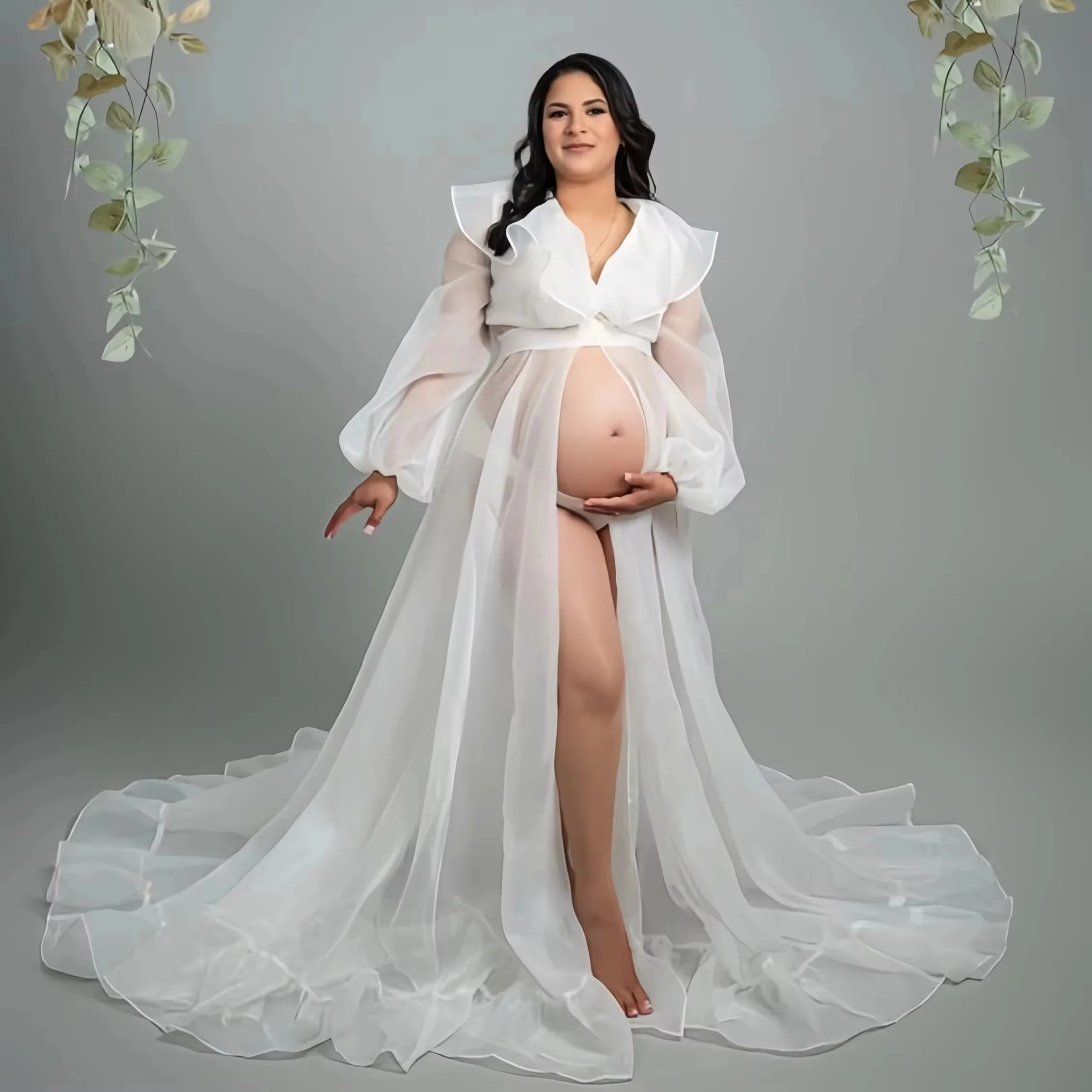 

Simple Ivory Maternity Robes for Photography Organza Long Sleeves Pregnant Women Dresses Ruffles Customized Baby Shower Gowns