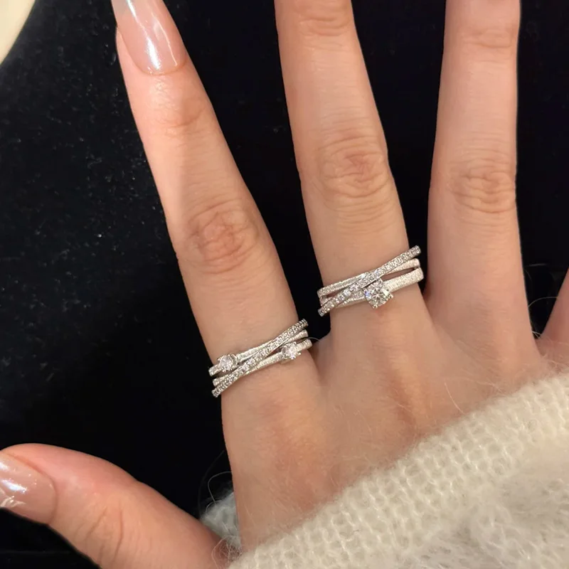 Ring Three Circle Zirconia Wrap Open Adjustable Silver Plated Index Finger Versatile Elegant Fashion Jewelry Women