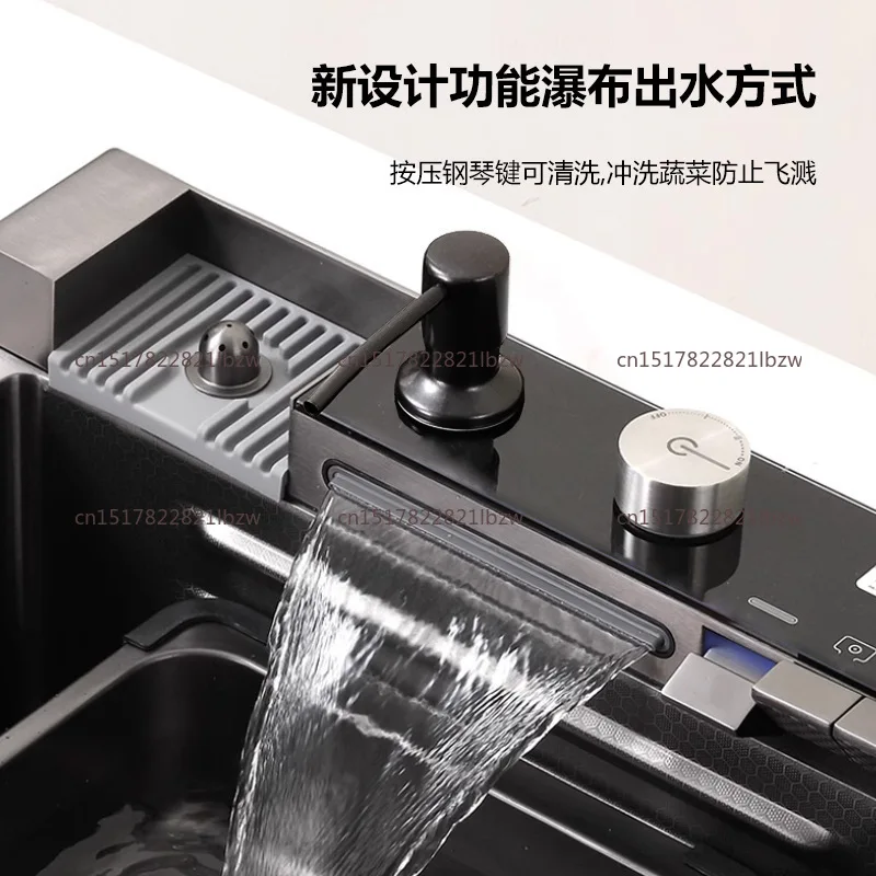 100x50cm Stainless Steel Waterfall Kitchen Sink With Knife Holder Digital Display Faucet Set Embossed Extra Large Single Slot