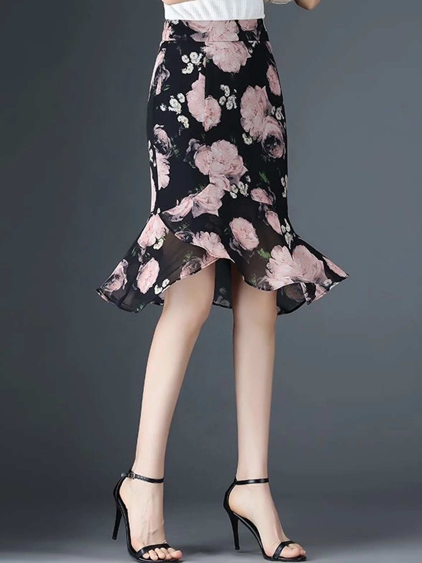 Pink Fish Tail Half Skirt Women's High Waist Slim Fit Floral Print Bodycon Midi One Step Skirt Korean Style Casual A-Line Skirt