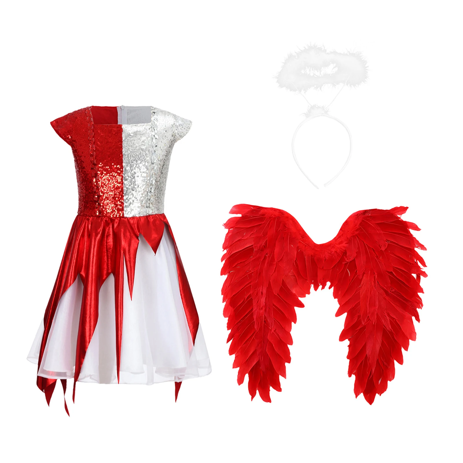 Magical Fantasy Party Outfit for Girls 3 Piece Set with Angel Devil Cosplay Dress with Wings Accessories for Halloween Dress Up