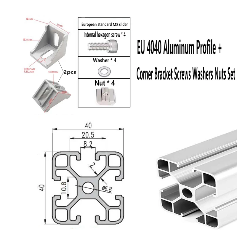 100 to 550 mm Thickness 2.0mm Silver EU 4040 T Slot Aluminum Profile 3D Printer Rail + Corner Bracket Screws Washers Nuts Set