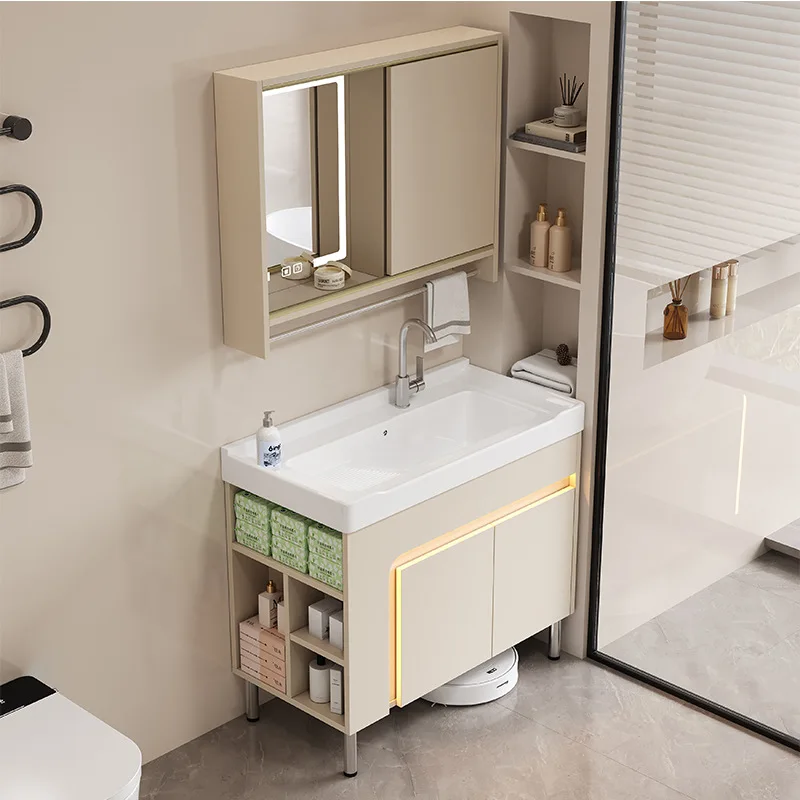 Cream Honeycomb Aluminum Floor Cabinet Toilet Bathroom Cabinet Combination Wash Table Integrated Ceramic Basin