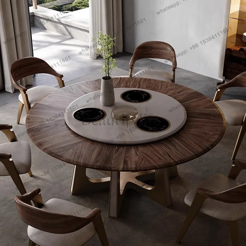 Walnut electric round villa living room multi-functional rotating round dining table Italian minimalist solid wood