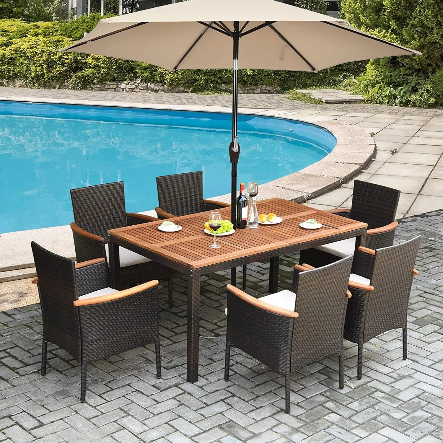7-Piece Rattan Patio Dining Set Outdoor Wicker Dining Set with Umbrella Hole, Removable Cushions, Table & Chairs, Customized