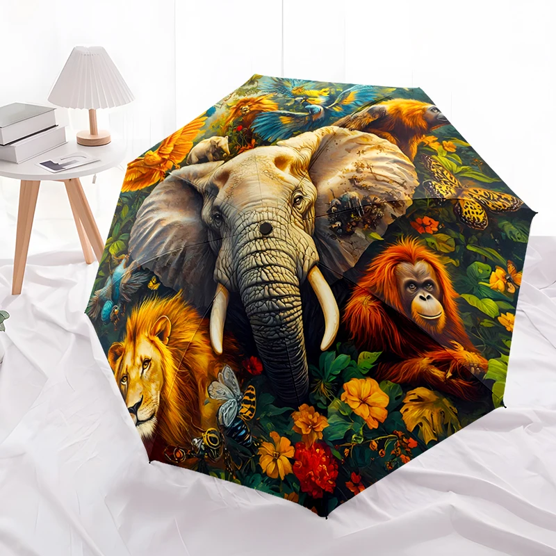 Animal World Design Folding Umbrella - Fashionable Auto-Open Design 8 Iron Ribs Plastic Handle Foldable Sunshade，Perfect Gifts