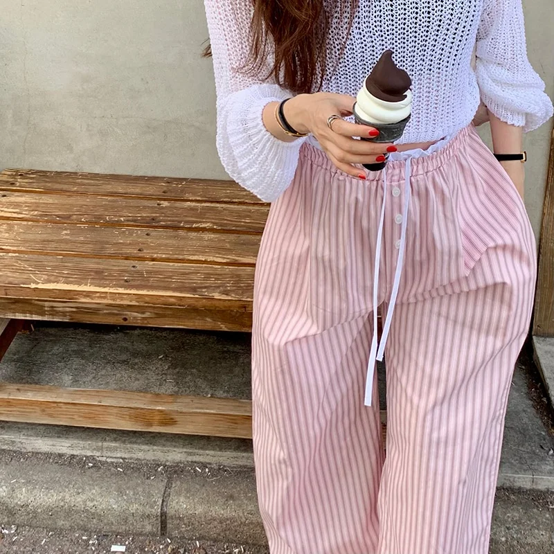 Versatile Casual Pants Loose Stripe Splicing Waist Drawstring Wide Leg Long Pants High Waist Other Material Other Process