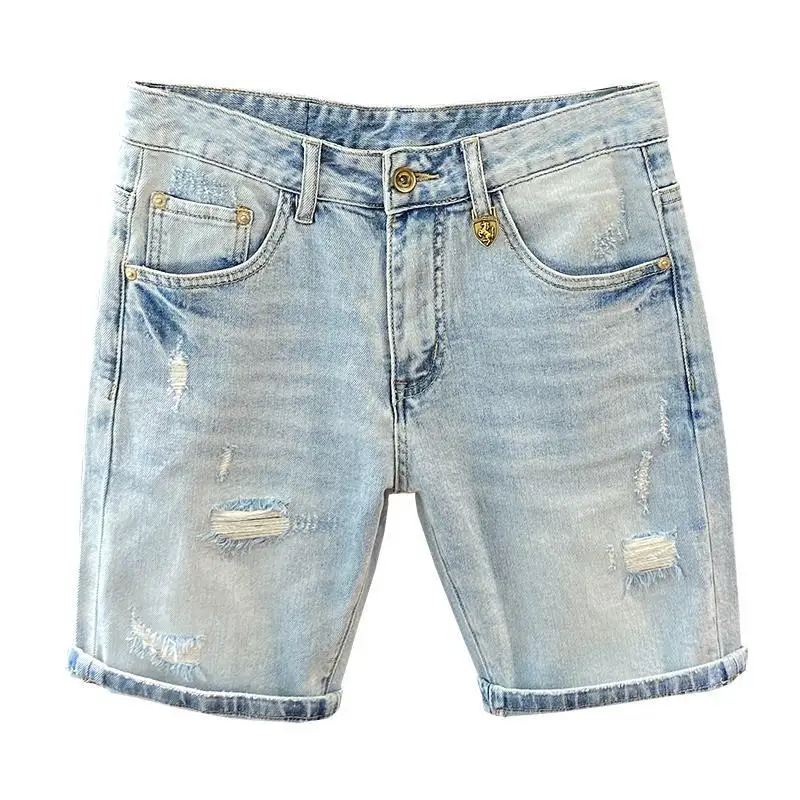 Luxury Brand Streetwear Washed Light-colored Ripped Denim Shorts Men's Slim Trendy Brand Handsome Scratched Summer Short Pants