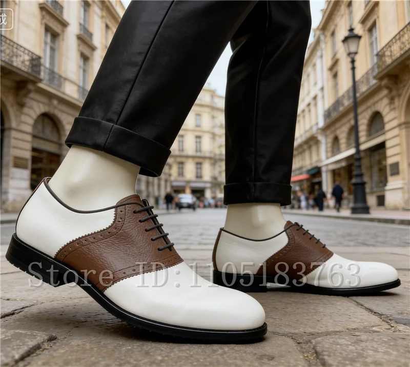 Handcrafted Men's White Brown Patckwork Oxfords Premium Genuine Leather Lace-Up Formal Business Footwear for Weddings Business
