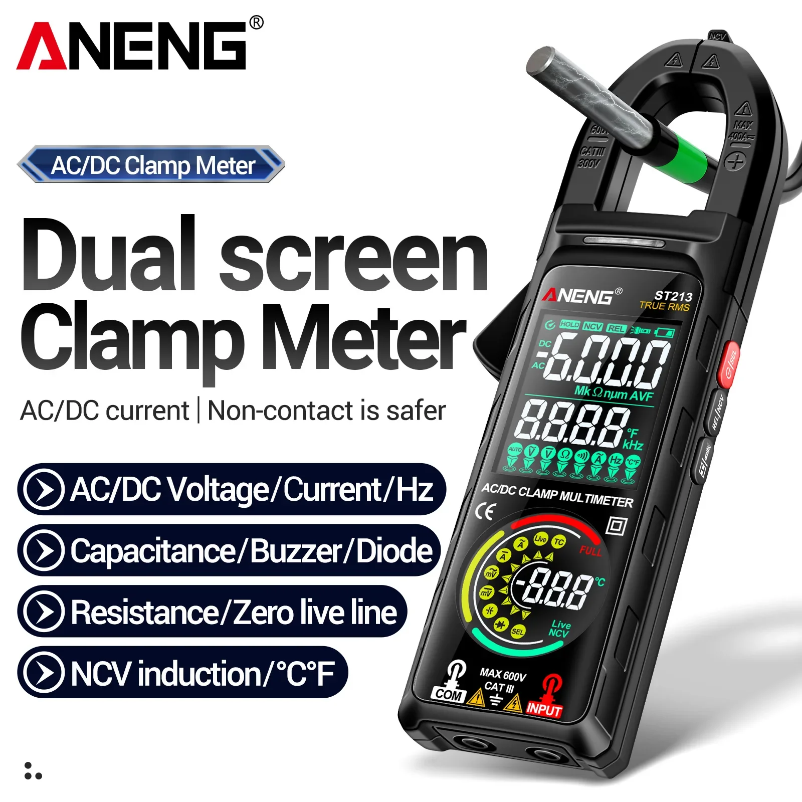 ANENG ST213 VA Reverse Color Screen Clamp Meter 6000 Counts 400A AC/DC Current Temperature Frequency Tester Flashlight Data Hold