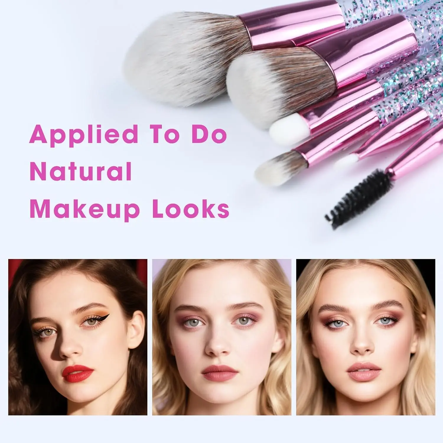 Conjunto de pincéis de maquiagem com 6 peças, com 2 esponjas de beleza e cabo de cristal brilhante, kit de pincéis cosméticos essenciais diários, presentes para mulheres