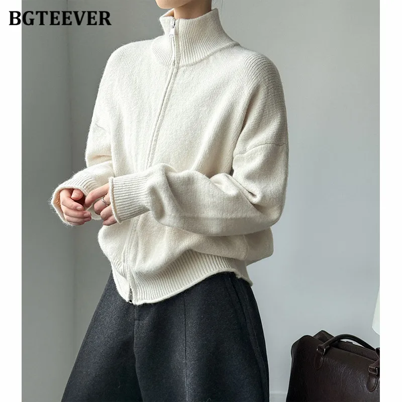 

BGTEEVER Элегантные женские кардиганы с воротником-стойкой на молнии, осенне-зимние утепленные вязаные пальто для женщин