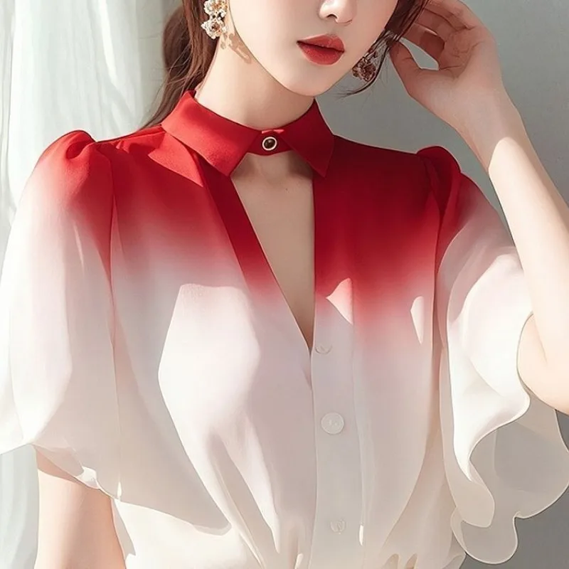 Ladies Fashion Loose Chiffon Gradient Color Blouse Tops Simplicity Elegant Trend Summer Popular and Unique Small Shirts Women's