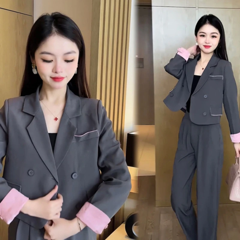 Woman's Spring Plus Size Retro Casual Blazer Wide-leg Pants Suit Commuter Solid Color Loose Pocket Blazer Trousers Two-piece Set