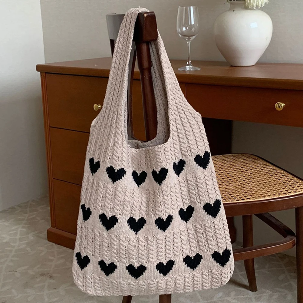 Damen-Strick-Love-Tote-Tasche, Farbblockierung, leichte Handtasche, große Kapazität, Schultertasche, Häkeltasche, Einkaufstasche