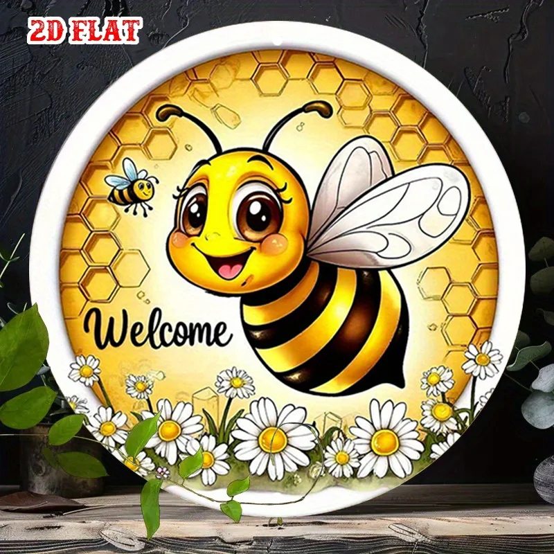 Round Metal Wall Art 7.87in, Vintage Bee Sign, Rustic Garden Decor, Farmhouse Hanging Sign for Home