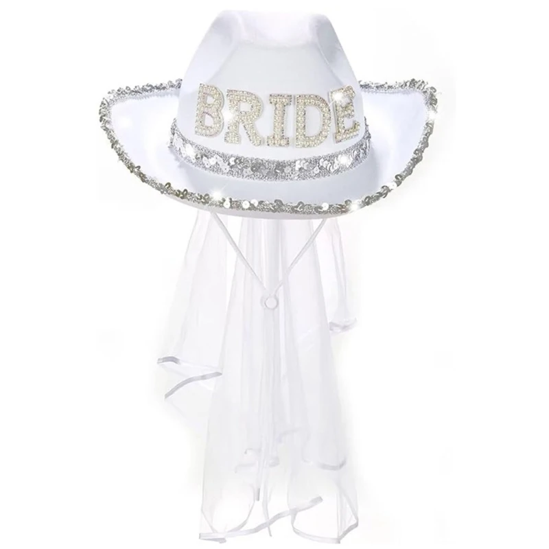 Bride Cowboy Hat Bachelorette Party Rhinestones Sequins Cowgirl Hat with Veil