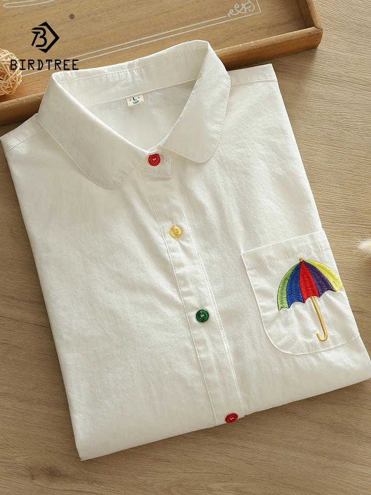 

Новинка 2025, осенняя хлопковая рубашка с длинными рукавами, женская рубашка с отложным воротником и вышивкой, свободная блузка Mori Girl с разноцветными пуговицами T58217CC