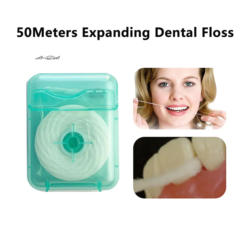 

1 рулон, 50 м, расширяющаяся водой зубная нить, пушистый инструмент для чистки полости рта для взрослых, домашняя межзубная щетка для ухода за зубами