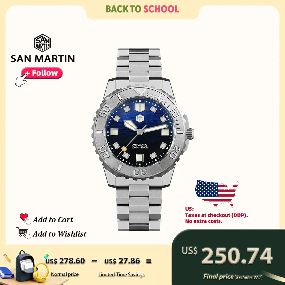

San Martin, водонепроницаемые мужские дайверские часы глубиной 1000 м, 43 мм, с гелиевым аварийным клапаном, NH35, автоматический механический волнистый эмалевый циферблат SN0147