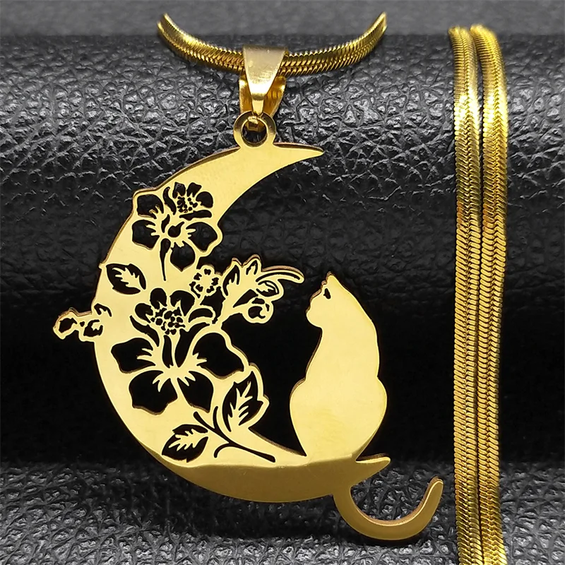 Cat Flower Crescent Moon Pendant Necklace for Women Men Stainless Steel Snake Chain Gold Color Necklaces Jewelry Gifts N3220S04