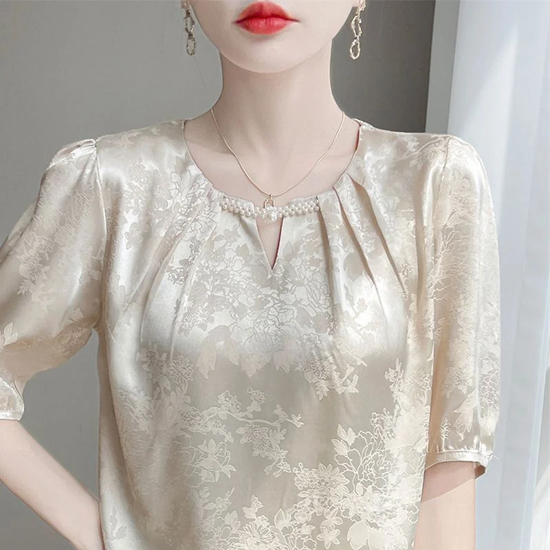 2025 Spring and Autumn New Women's Interior Match Celebrity Same Style Customized Bottom Satin Round Neck Short Sleeve Commuter