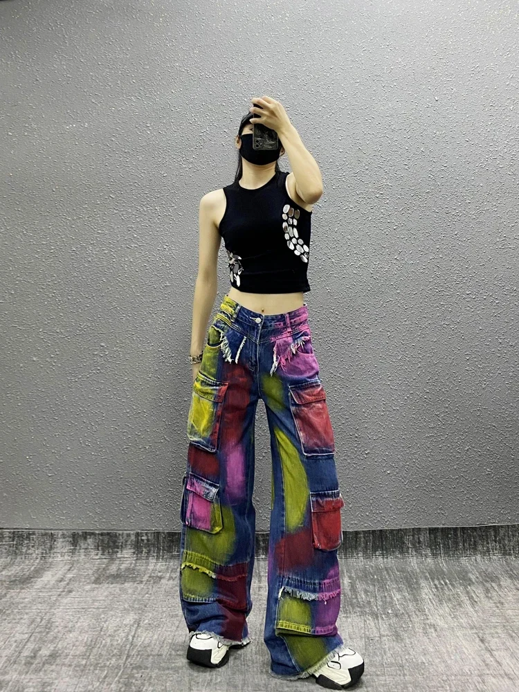 

Cool painted multi-pocket tooling jeans women's summer new high-waisted loose and thin versatile straight-leg wide-leg pants