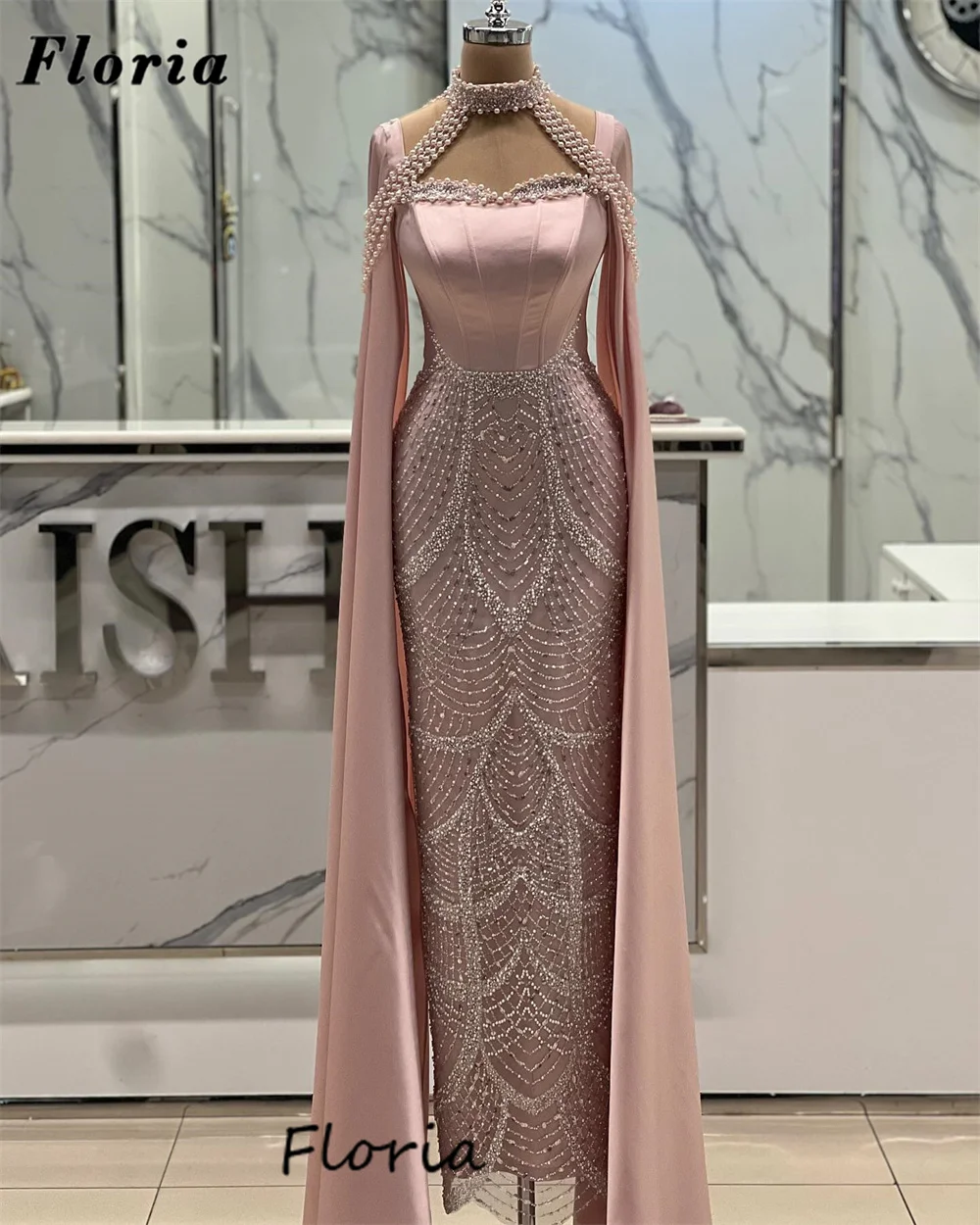 

Pink Cape Long Sleeves Cocktail Dresses Elegant Arabic Mermaid Birthday Party Prom Dress Engagement Evening Gowns Customized