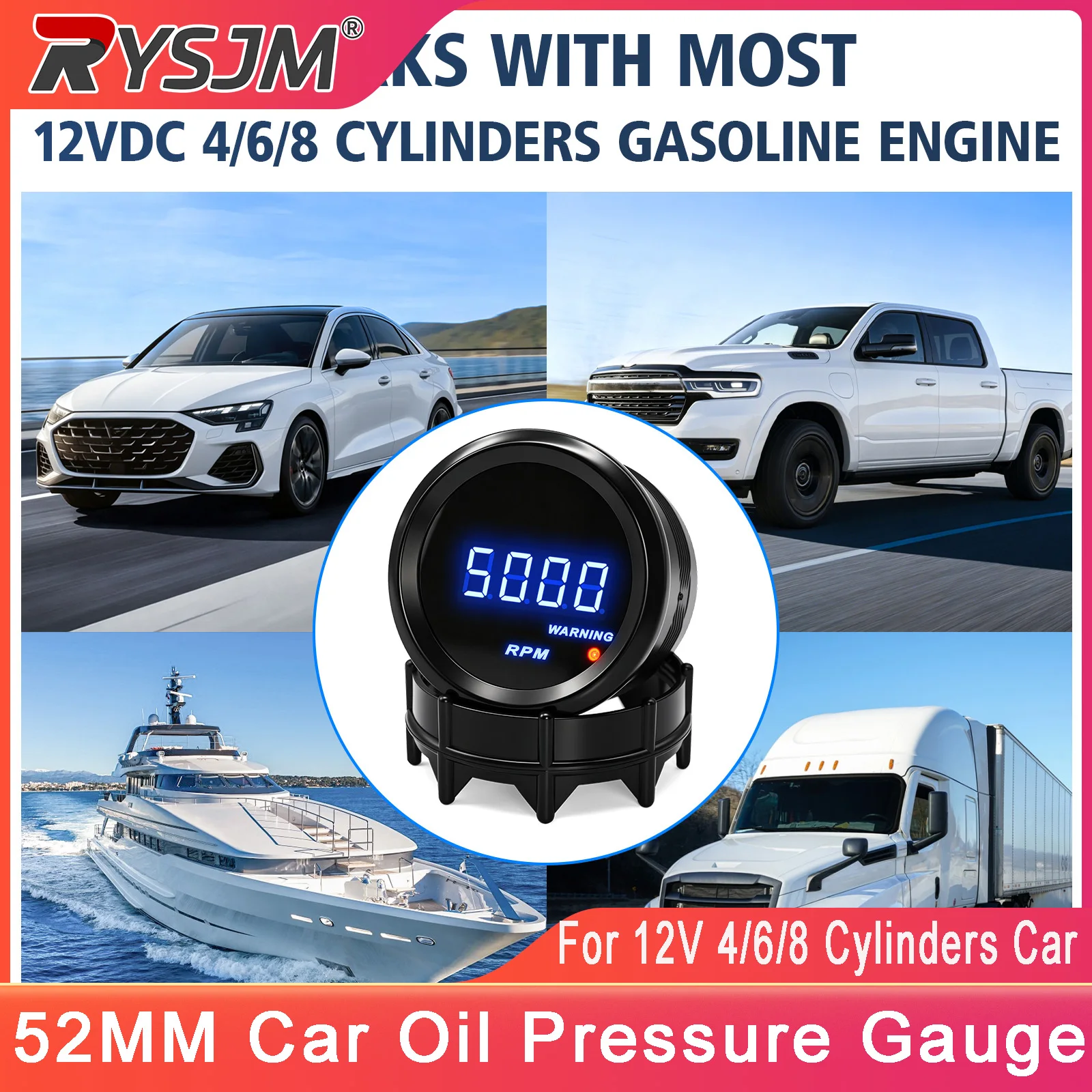 52MM Car Oil Pressure Gauge Meter With Warning 12V Car Digital 0-150PSI Oil Pressure Gauge With Oil Pressure Sensor NPT 1/8