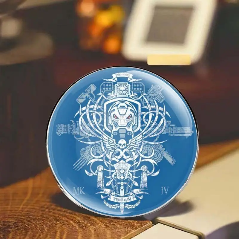 Round Metal Lapel Pin Blue Background Mechanical Helmet Skull Wing Print Brooch Backpack Hat Clothes Decor Badge Gift
