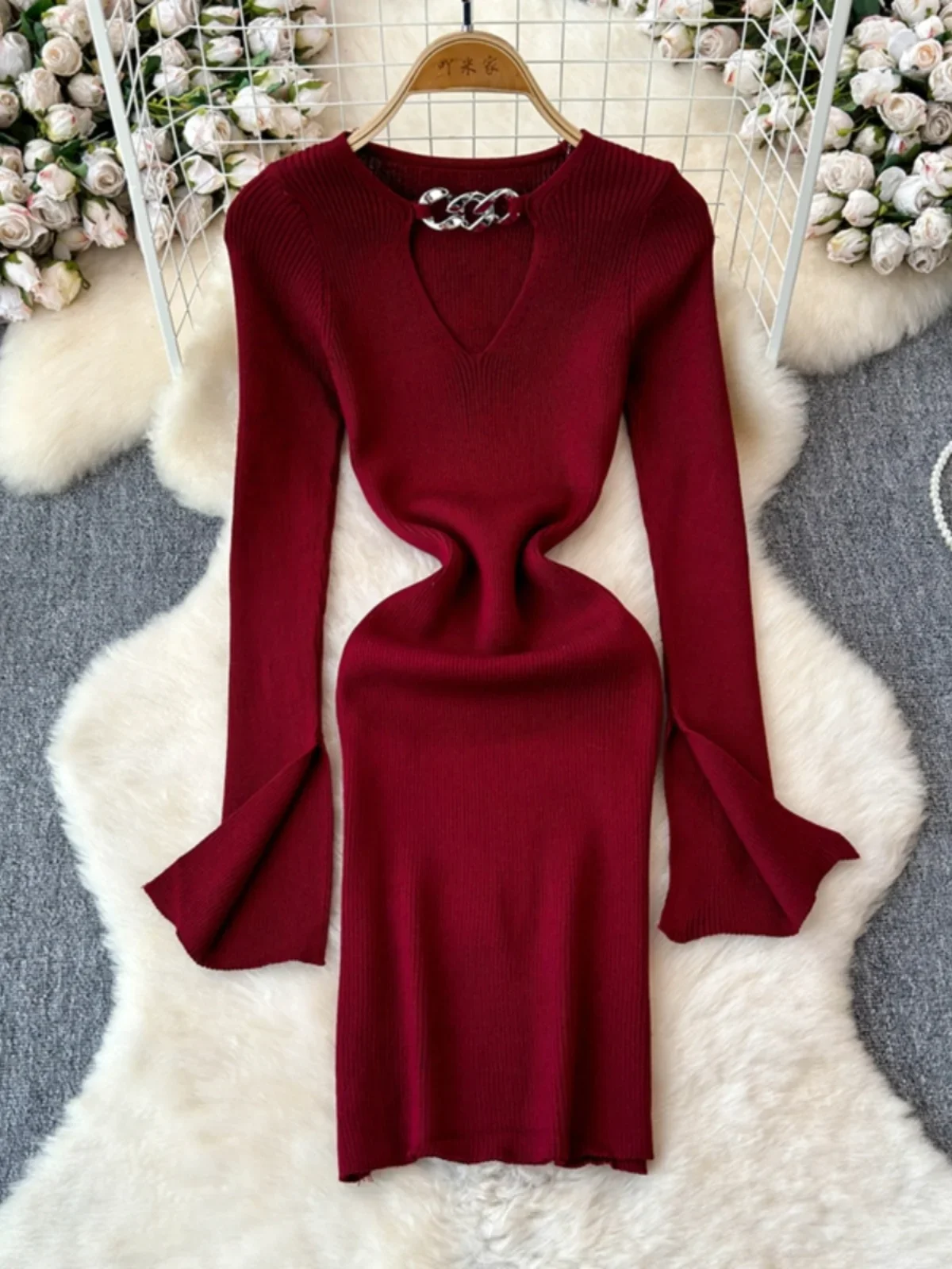 

Foamlina Fashion Streetwear V-neck Hollow Out Knitted Dress Women's Autumn Winter Slim Split Sleeve Sweater Dress Winter