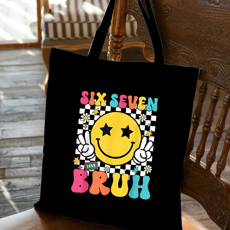 

Холщовая сумка Six Seven Bruh с рисунком улыбающегося лица, сумка для покупок, мужская и женская сумка Fun 67, трендовые сумки Six Seven Tote Bags