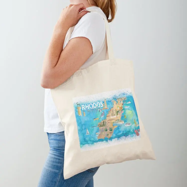 Rhodes Greece Illustrated Map with Landmarks and Highlights Tote Bag