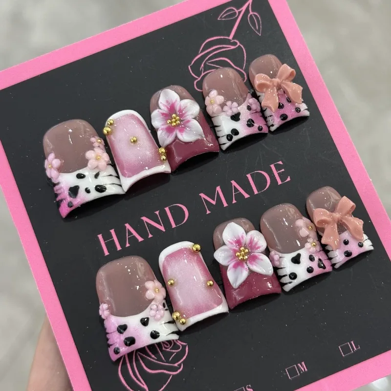 10 قطعة بطة قصيرة الأظافر اليدوية ثلاثية الأبعاد الزهور الأرجواني الاكريليك الصحافة على مسمار الماس اللؤلؤ ليوبارد طباعة تصميم الفرنسية أظافر صناعية نصائح