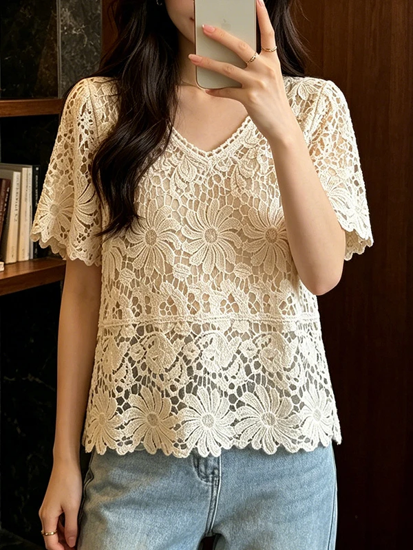 

Lace Shirt Women's Short Sleeve Hook Flower Hollow out Fashion Slimming Outerwear Top Korean Style Commute Floral Pattern