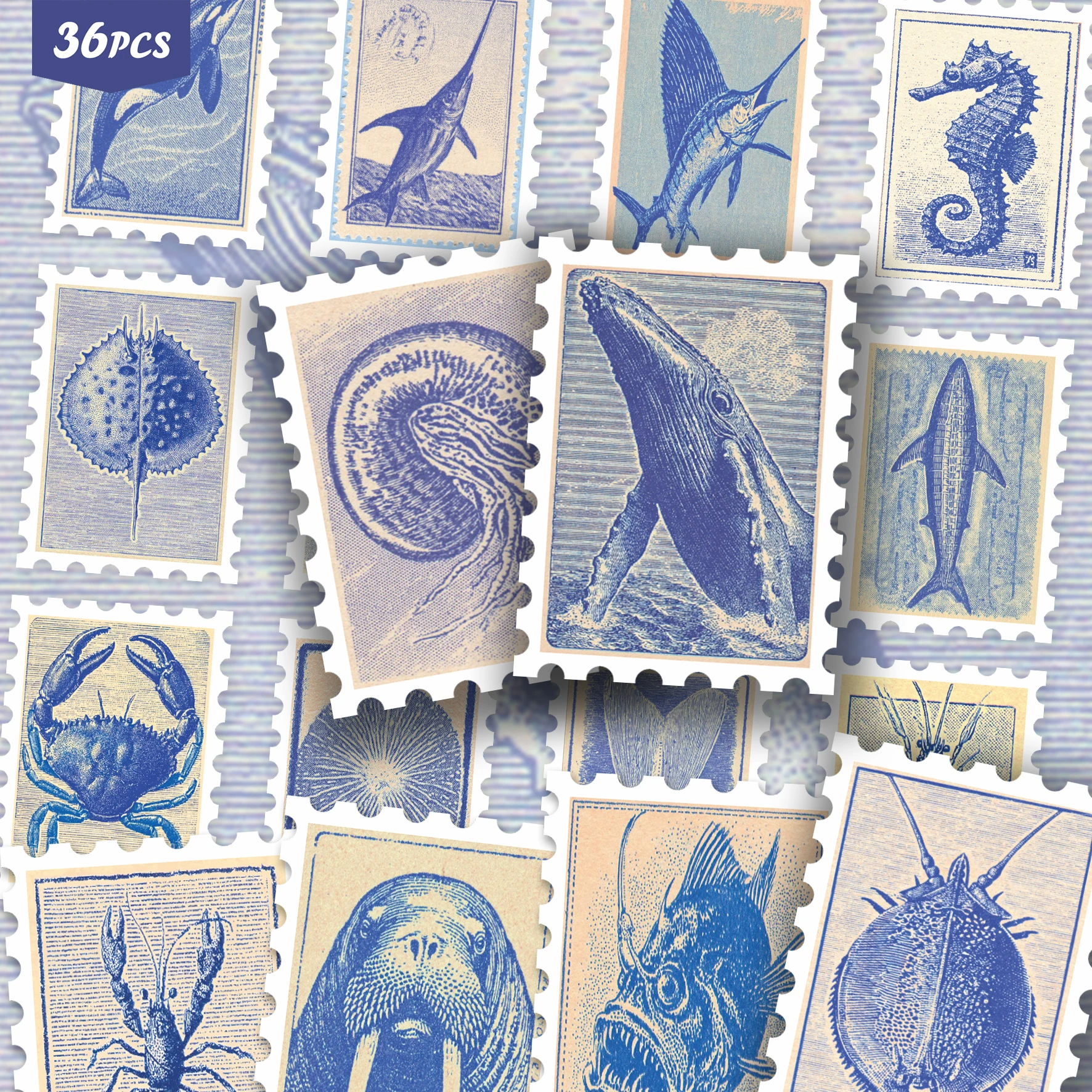 36pcs Vintage Blue Marine Life Healing Stickers Pack | Gentle Vinyl Decals with Coral & Shell Designs | for Laptop, Journal &